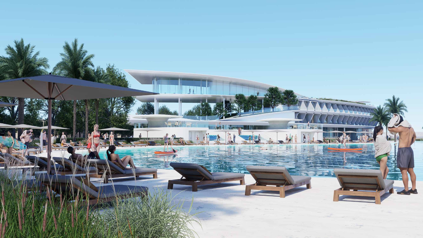 Crystal lagoon and canal promenade at Manchester City Yas Residences offering leisure, waterfront lifestyle, and family-friendly recreation, Yas Island Abu Dhabi.