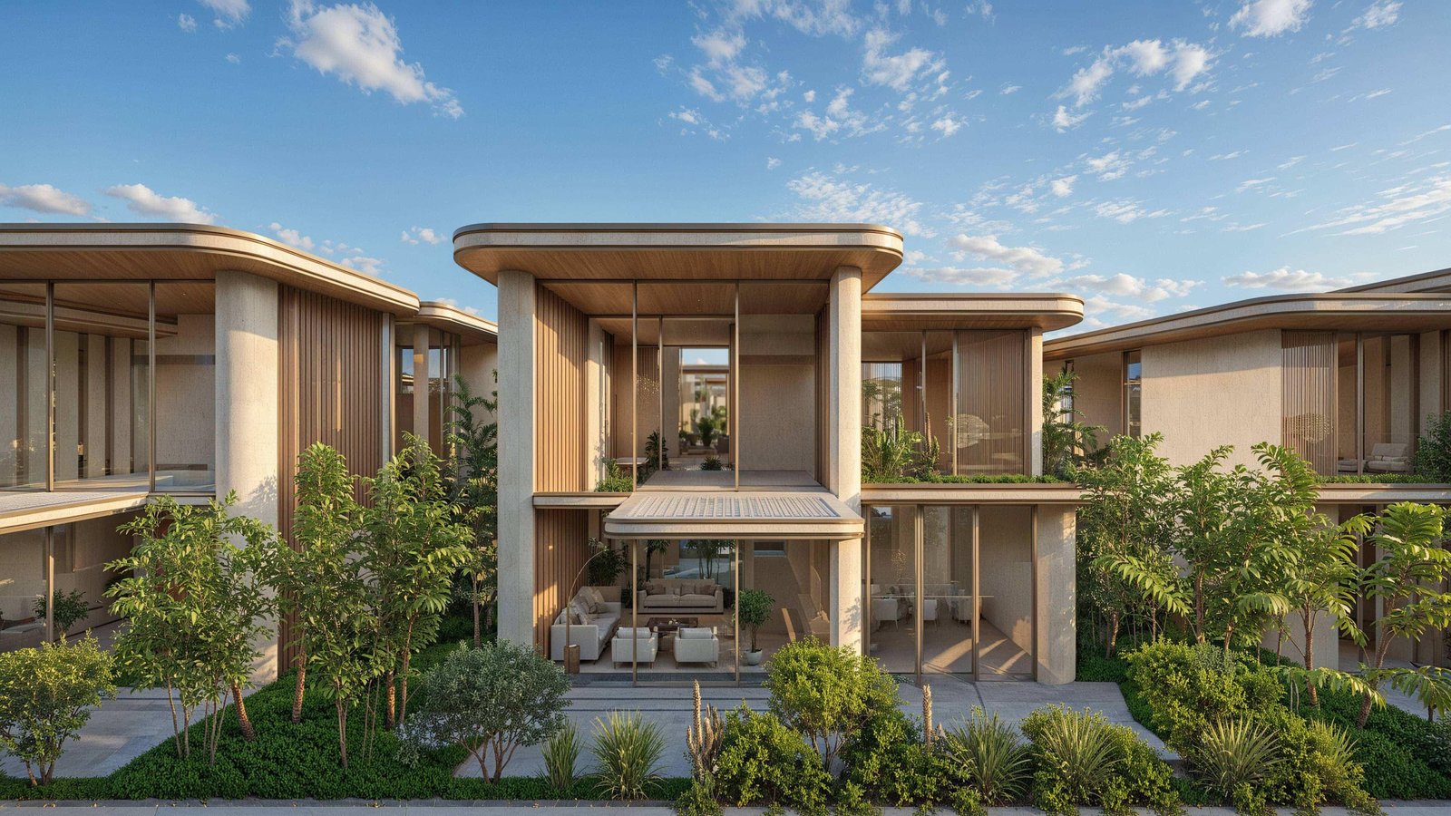 Aerial shot of mixed villas, twin villas, and maisonettes at Manchester City Yas Residences newly launched waterfront project, Abu Dhabi.